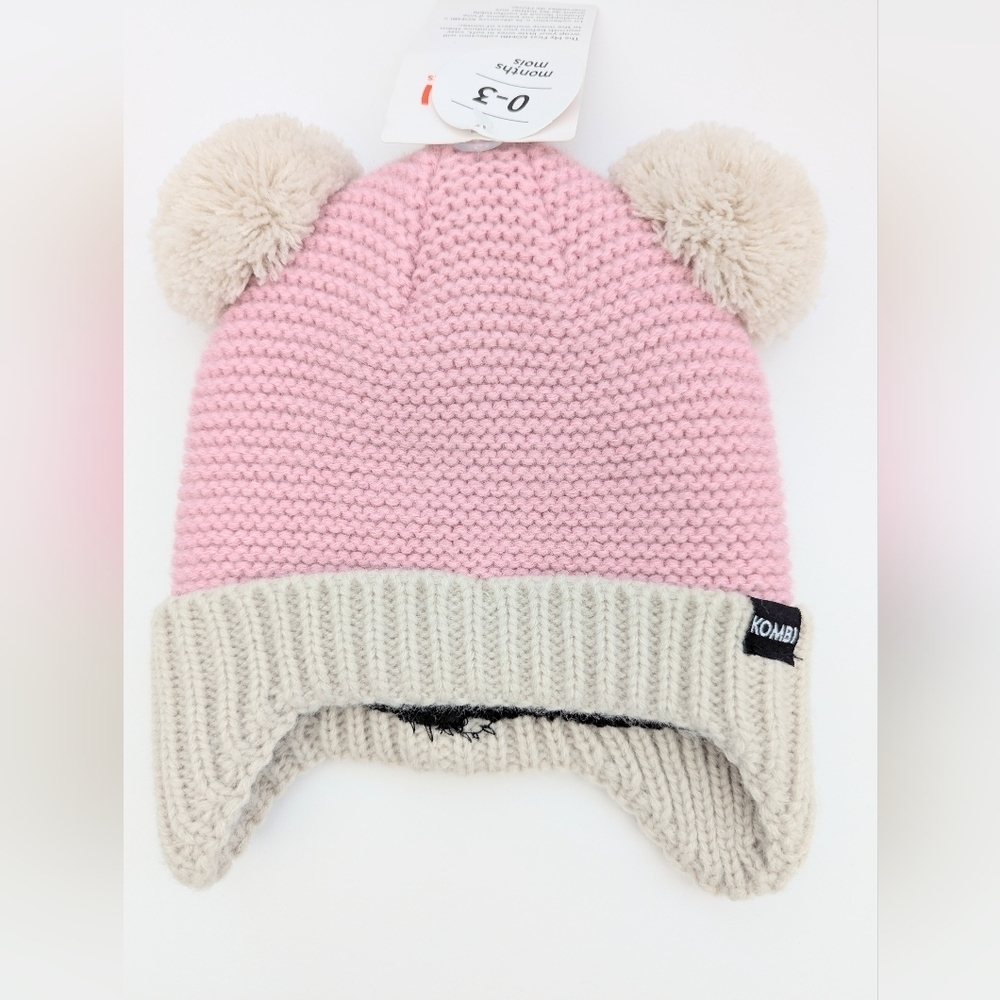 NWT Kombi Baby (0-3 Months) Knit Fleece-Lined Pom-Pom Hat w/Ear Flaps